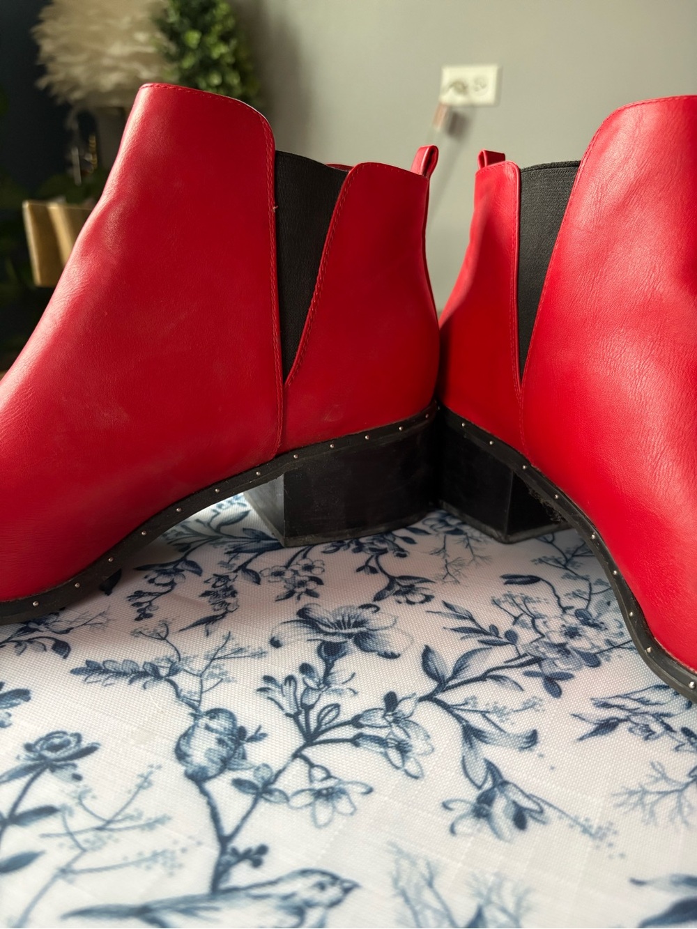 Red Women's Leather Ankle Boots - Sleek Stud Trim - Picture 5 of 5